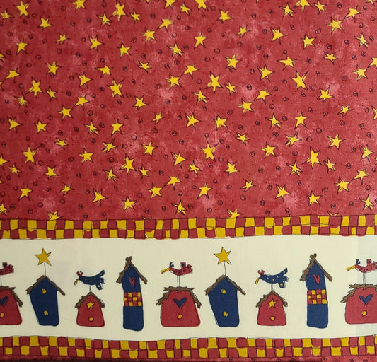 EOB - Moda Pieces fFom My Heart Sandy Gervais - Double Border Print Fabric / Red Tonal Fabric / Cream, Red, Blue, Gold Birdhouse, Checkerboard and Star Print