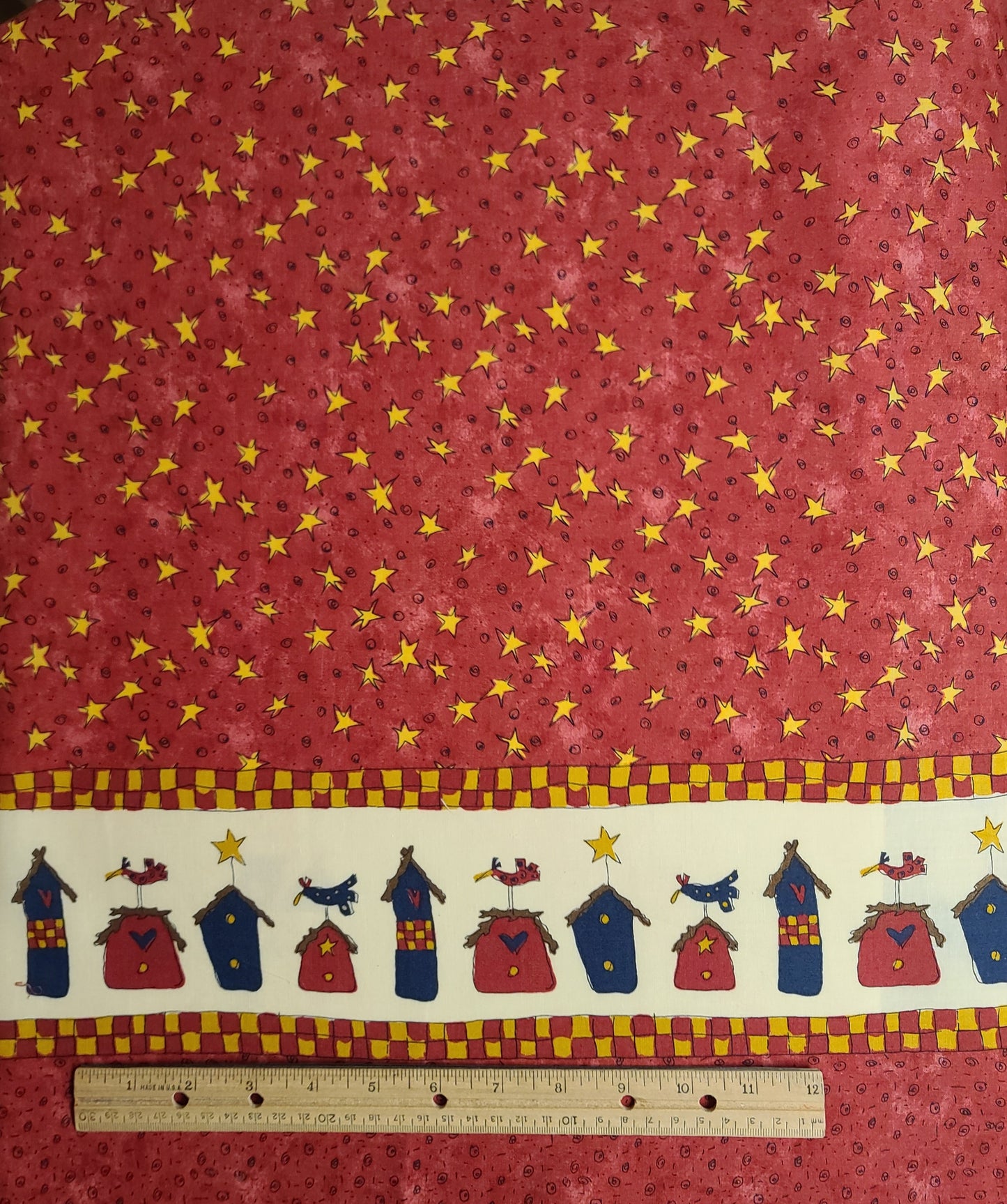 EOB - Moda Pieces fFom My Heart Sandy Gervais - Double Border Print Fabric / Red Tonal Fabric / Cream, Red, Blue, Gold Birdhouse, Checkerboard and Star Print