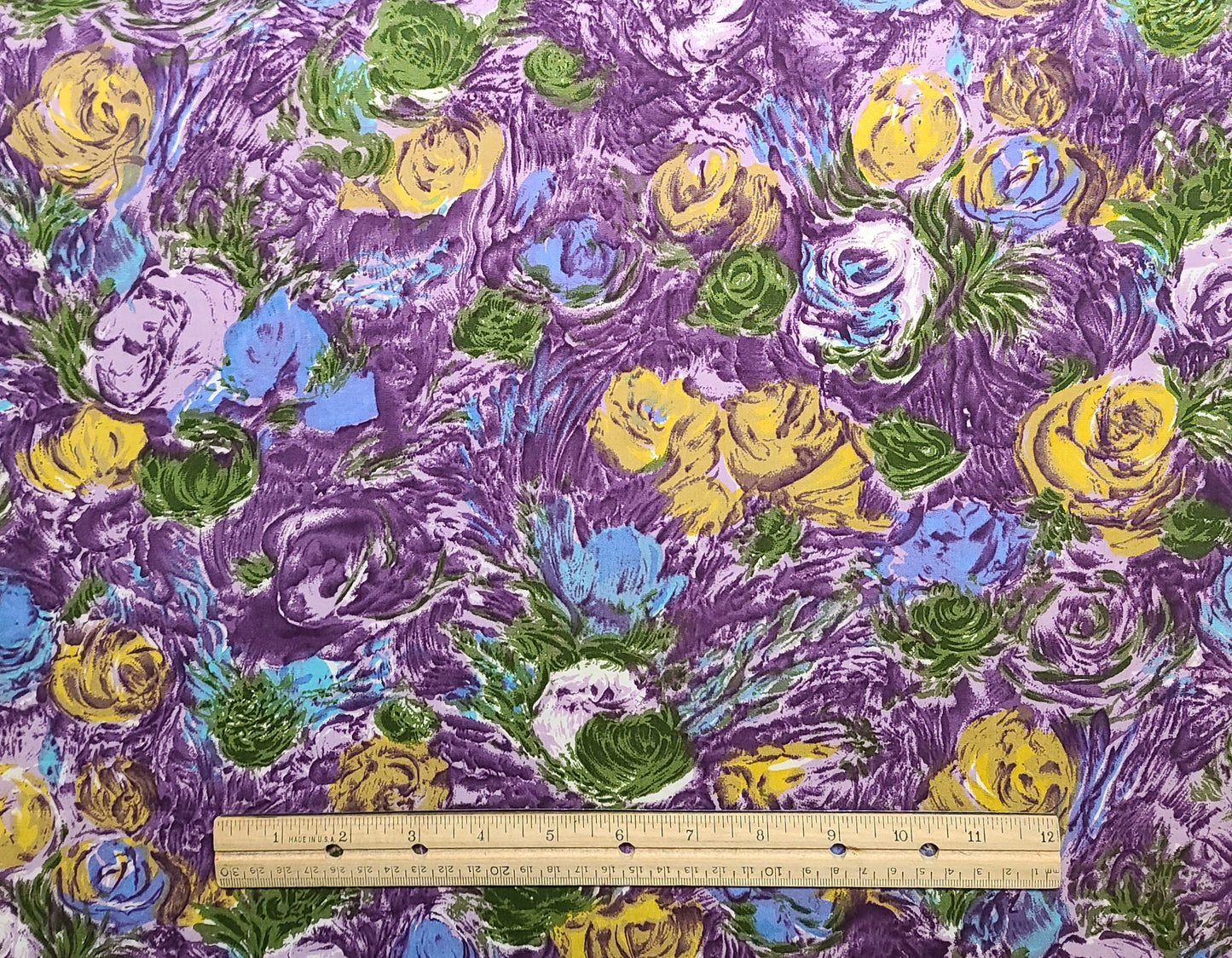 EOB - Vintage 36" WIDE Purple, Green, Gold, Blue Impressionist Style Flower Print Fabric