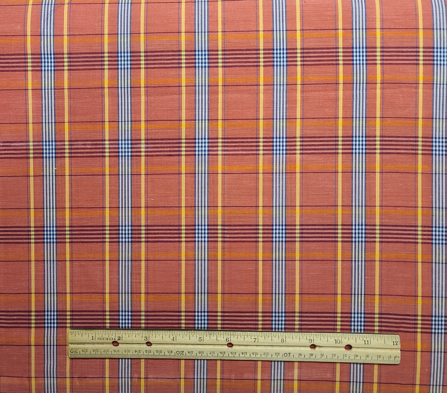 EOB - Vintage 45" WIDE Coral, Maroon, Blue, White, Gold Plaid Fabric