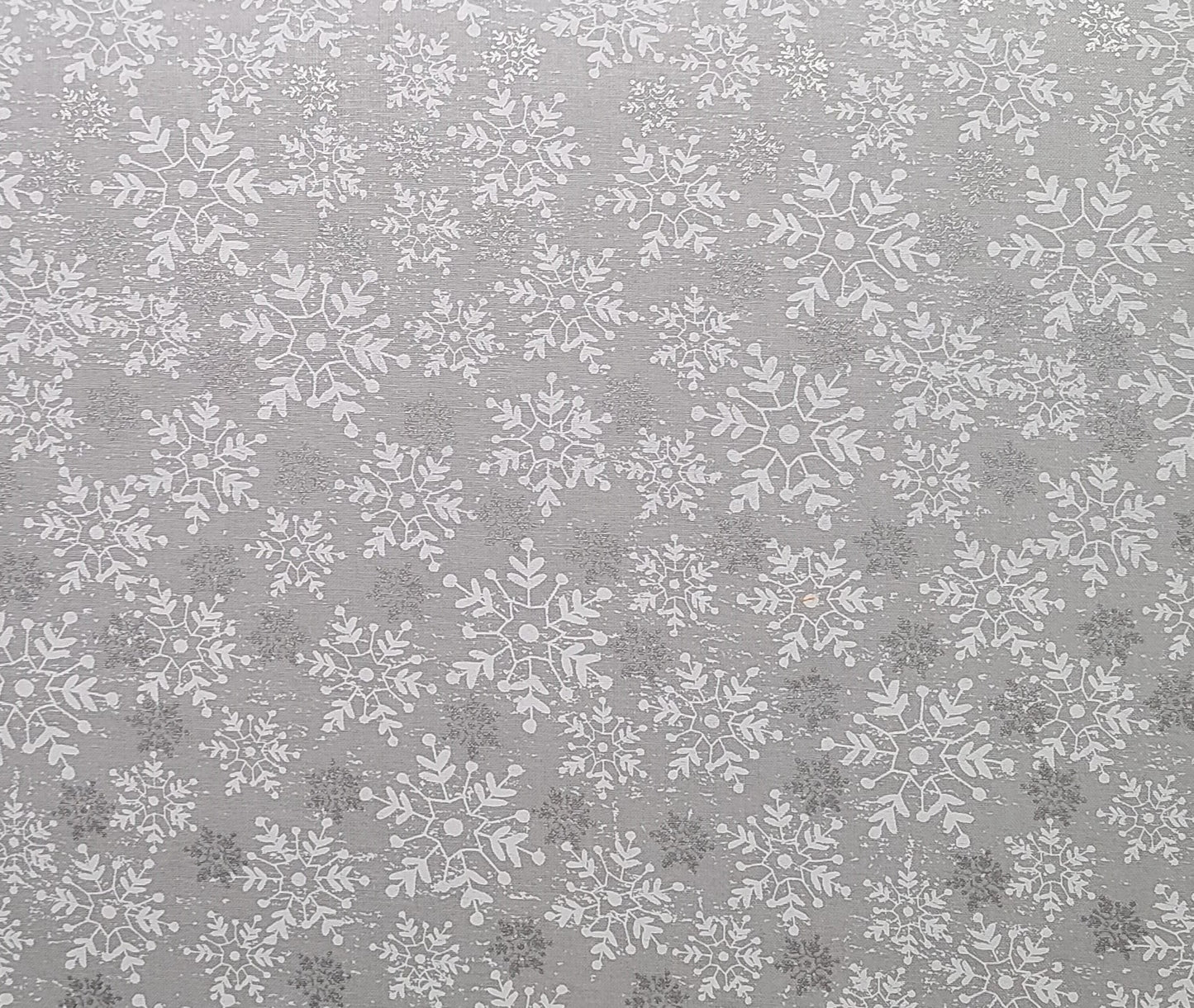 EOB - JoAnn Fabrics - Pale Gray Fabric / White and Silver Metallic Snowflake Print