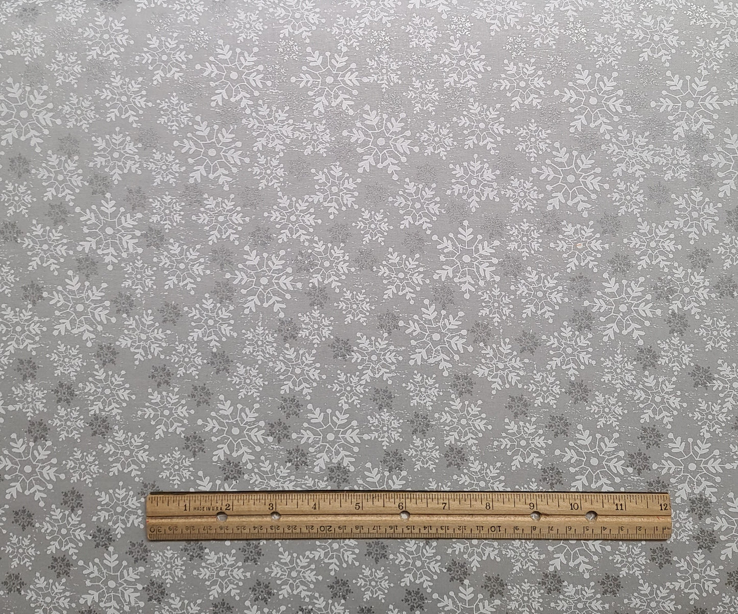 EOB - JoAnn Fabrics - Pale Gray Fabric / White and Silver Metallic Snowflake Print