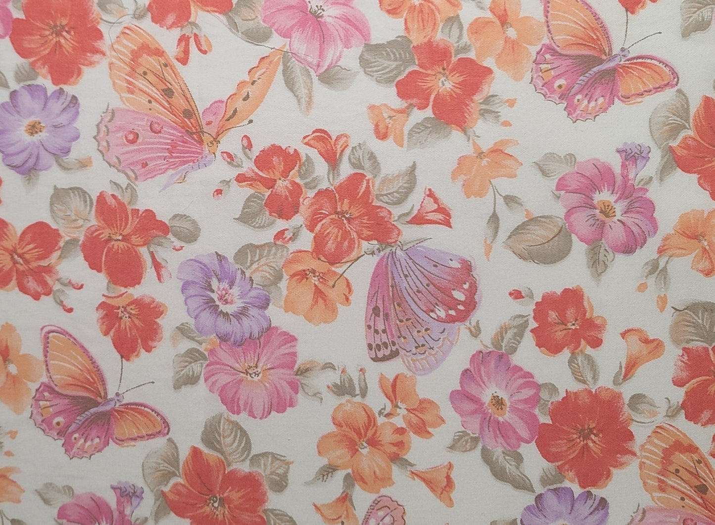 EOB - White Fabric / Coral, Pink, Lavender, Taupe Flower and Butterfly Print