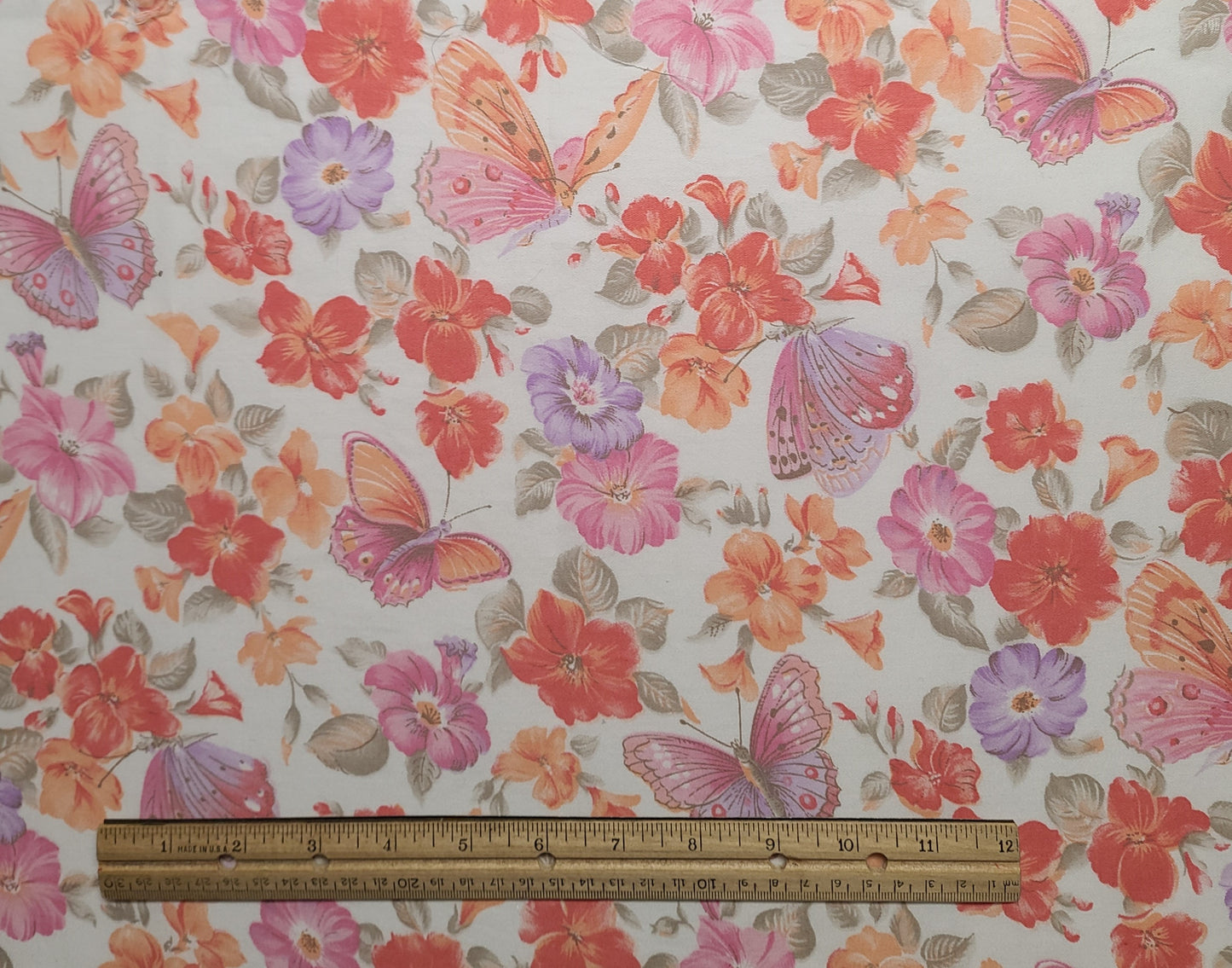 EOB - White Fabric / Coral, Pink, Lavender, Taupe Flower and Butterfly Print