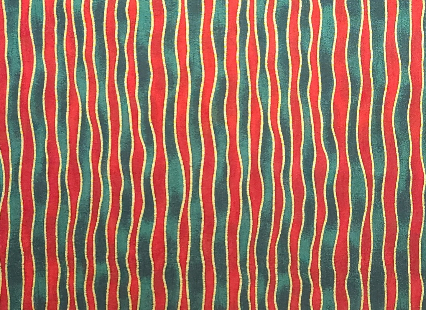 EOB - Moda - Red and Green Wavy Vertical Stripe (Parallel to Selvage) Fabric / Gold Metallic Accents