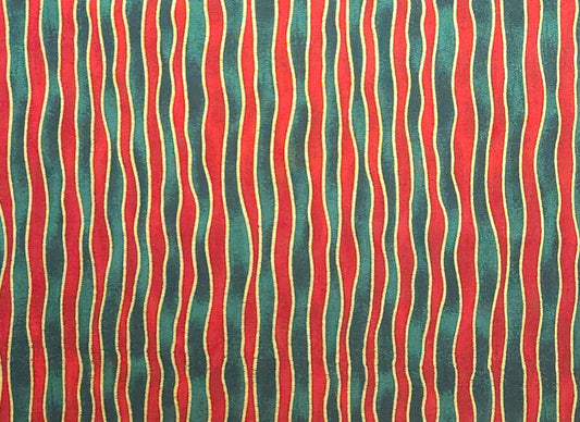 EOB - Moda - Red and Green Wavy Vertical Stripe (Parallel to Selvage) Fabric / Gold Metallic Accents