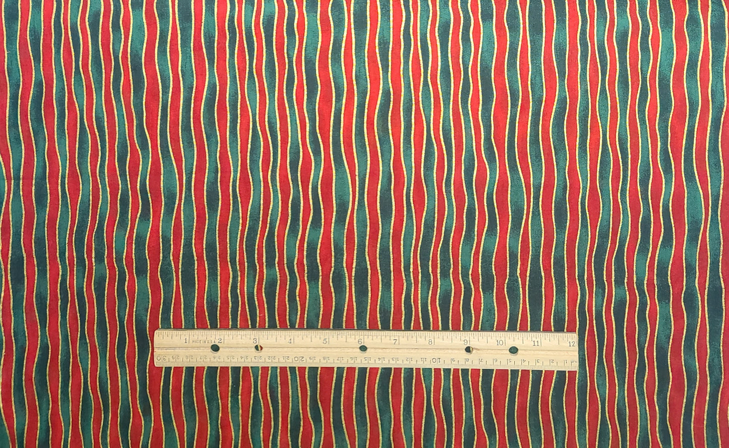 EOB - Moda - Red and Green Wavy Vertical Stripe (Parallel to Selvage) Fabric / Gold Metallic Accents