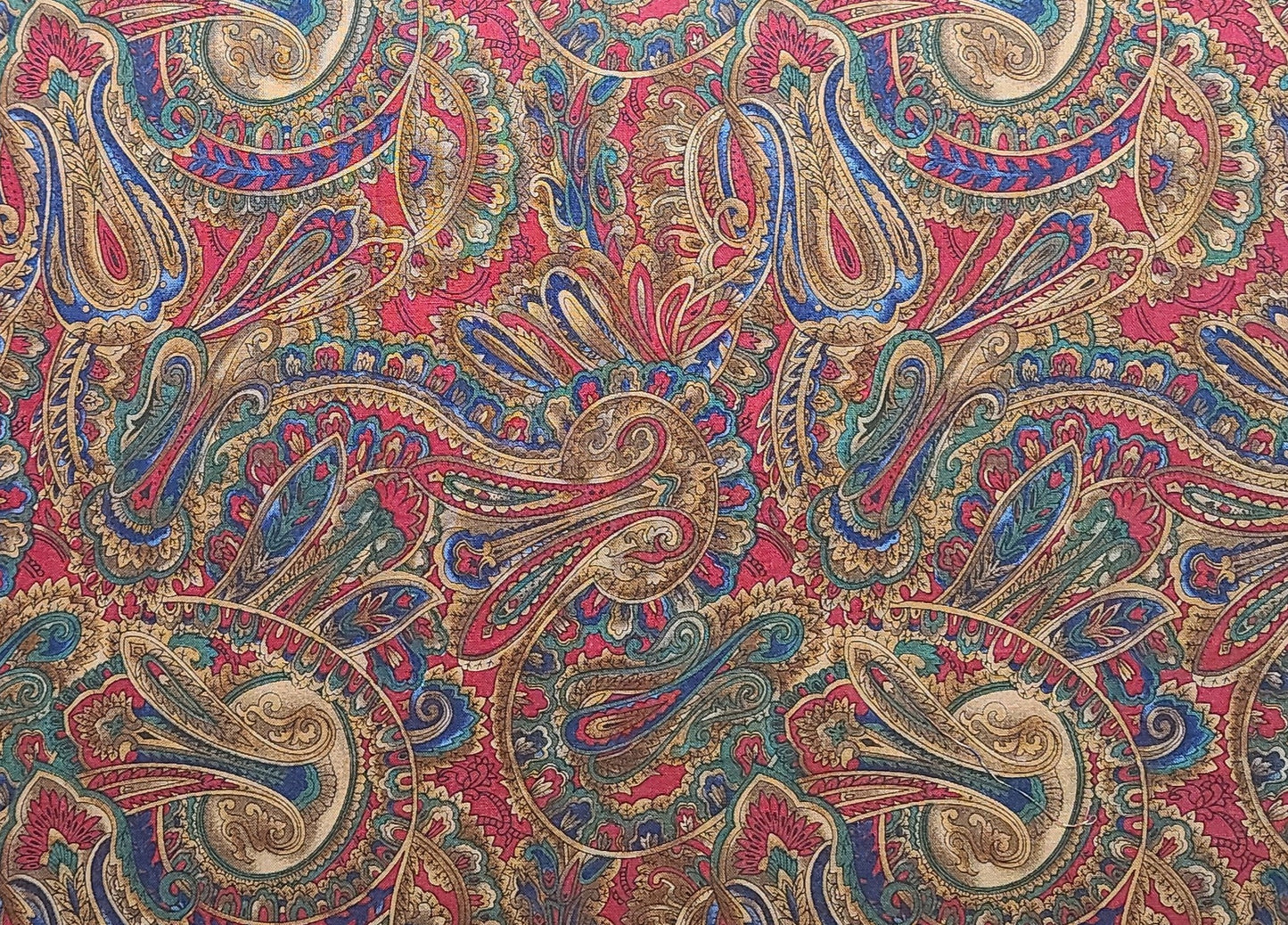 EOB - Tan, Blue, Red, Green, Brown Paisley Print Fabric - Selvage to Selvage Print