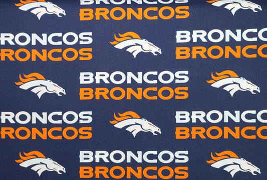 EOB - 56" WIDE 1997 NFL P#2507 - Dark Blue Fabric / White, Orange Denver Broncos Football Print Fabric