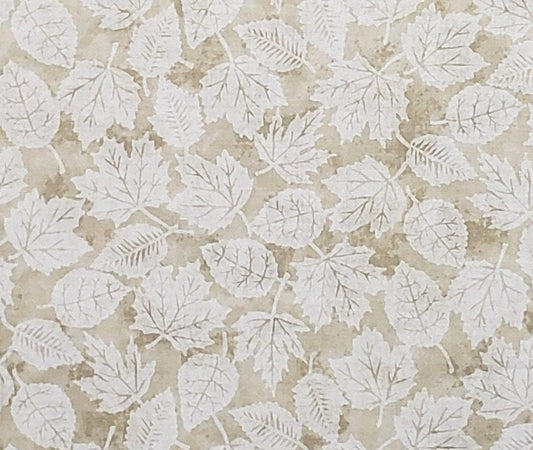 Tan Tonal Fabric / White Leaf Print - Selvage to Selvage Print