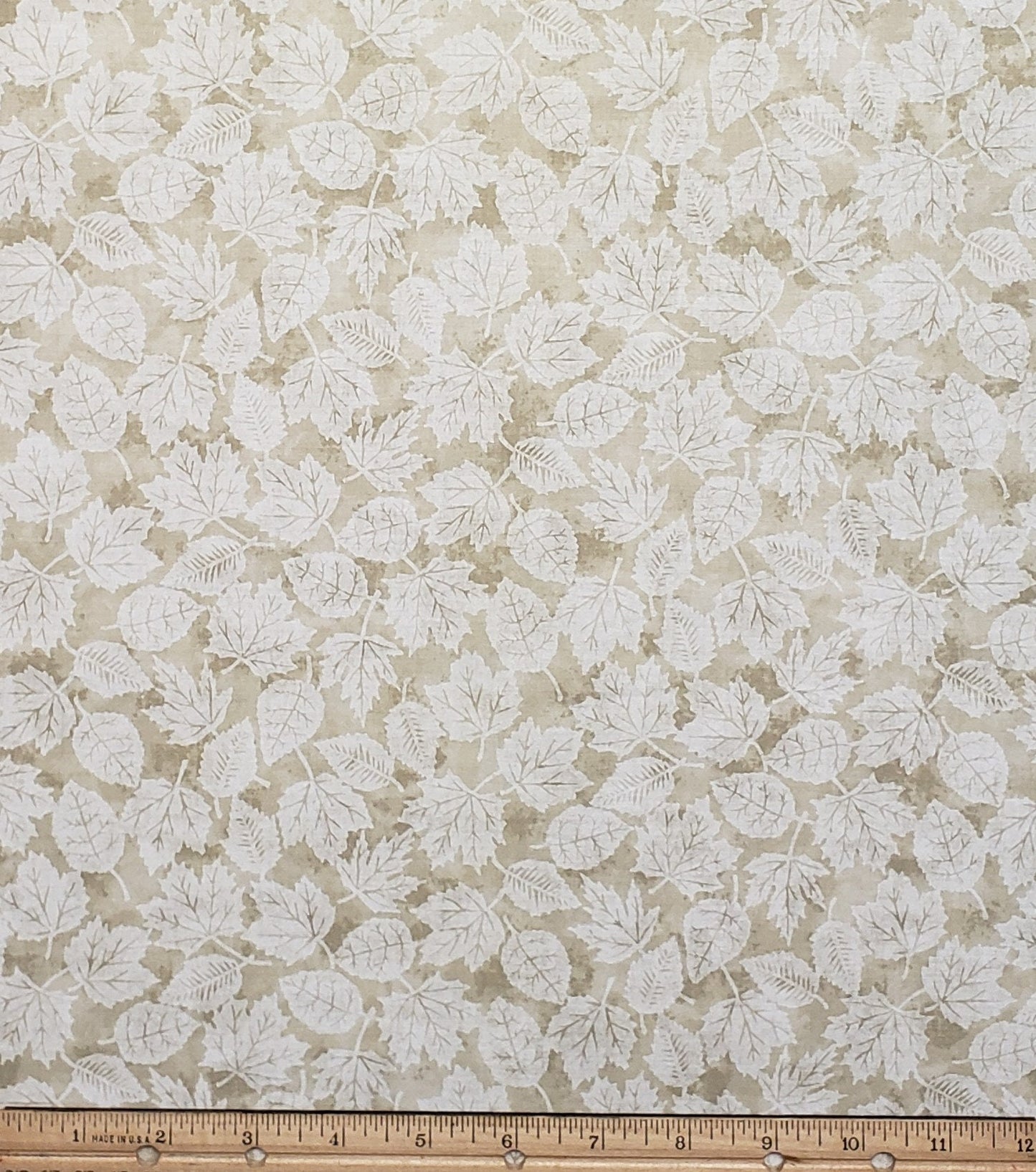 Tan Tonal Fabric / White Leaf Print - Selvage to Selvage Print