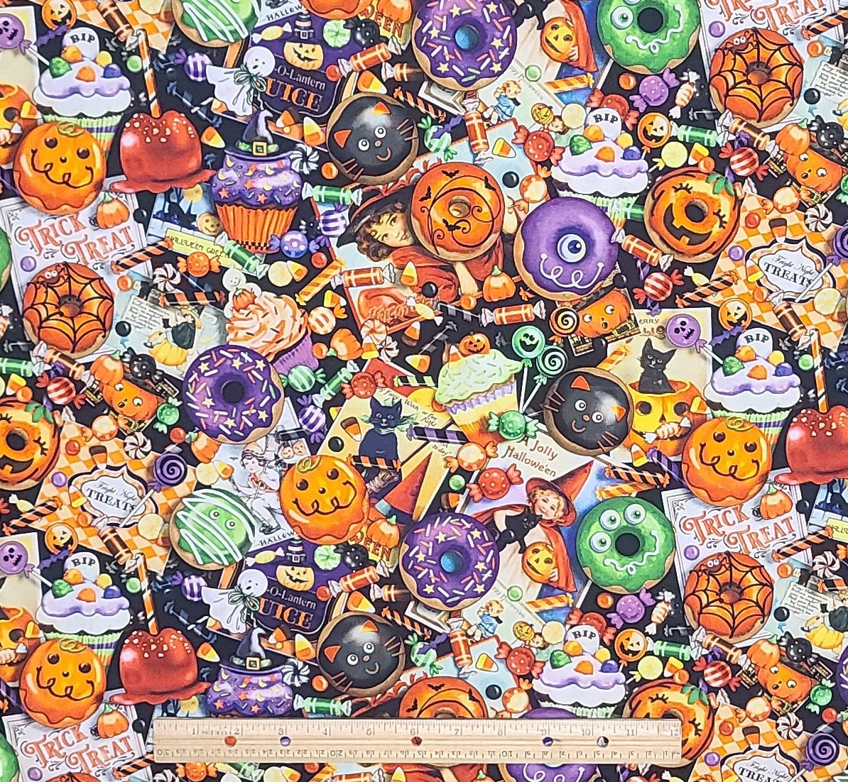 EOB - Gina Jane for QT Fabrics - Black Fabric / Bright Orange Halloween Candy, Doughnuts, Cupcakes, Green, Purple, Orange