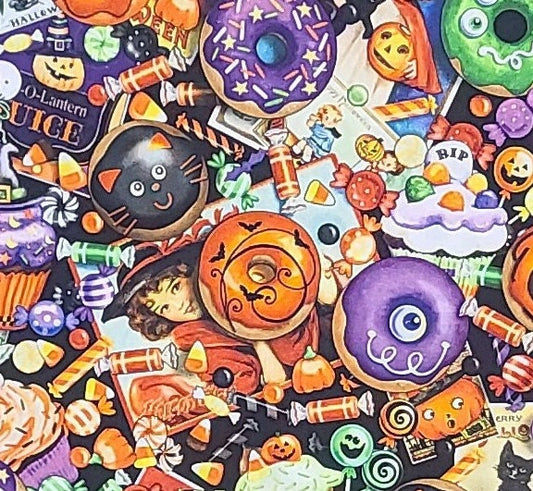 EOB - Gina Jane for QT Fabrics - Black Fabric / Bright Orange Halloween Candy, Doughnuts, Cupcakes, Green, Purple, Orange