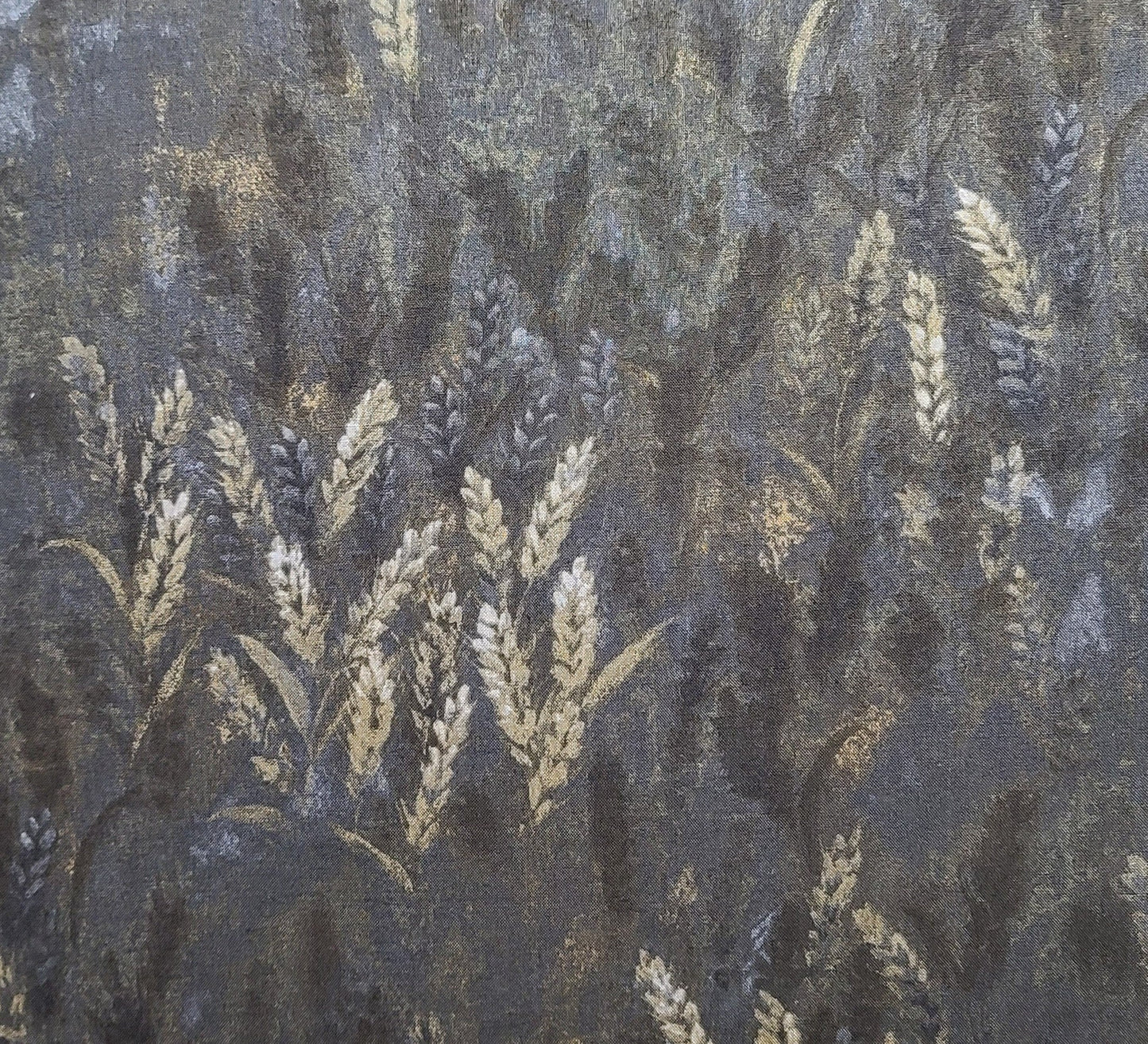 Naturescapes 2002 for Red Rooster Fabrics Design No 9777 - Black, Gray, Dark Brown Tonal Fabric / White, Gold Tonal Wheat Silhouette Print.