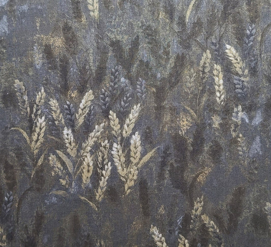 Naturescapes 2002 for Red Rooster Fabrics Design No 9777 - Black, Gray, Dark Brown Tonal Fabric / White, Gold Tonal Wheat Silhouette Print.