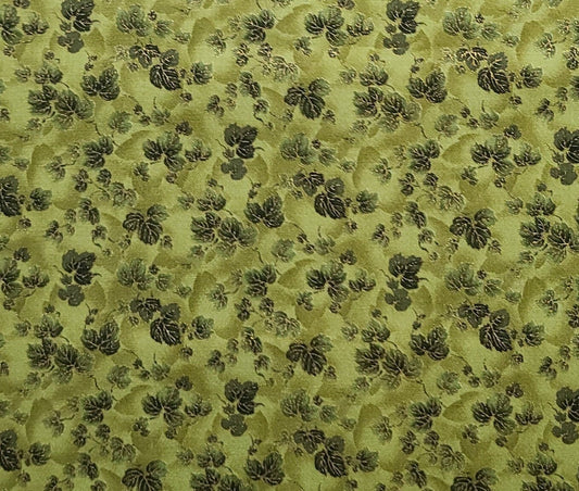 Robert Kaufman Imperial Fusions Collection D8825 - Green Tonal Fabric / Dark Green Leaf Print / Gold Metallic Accents