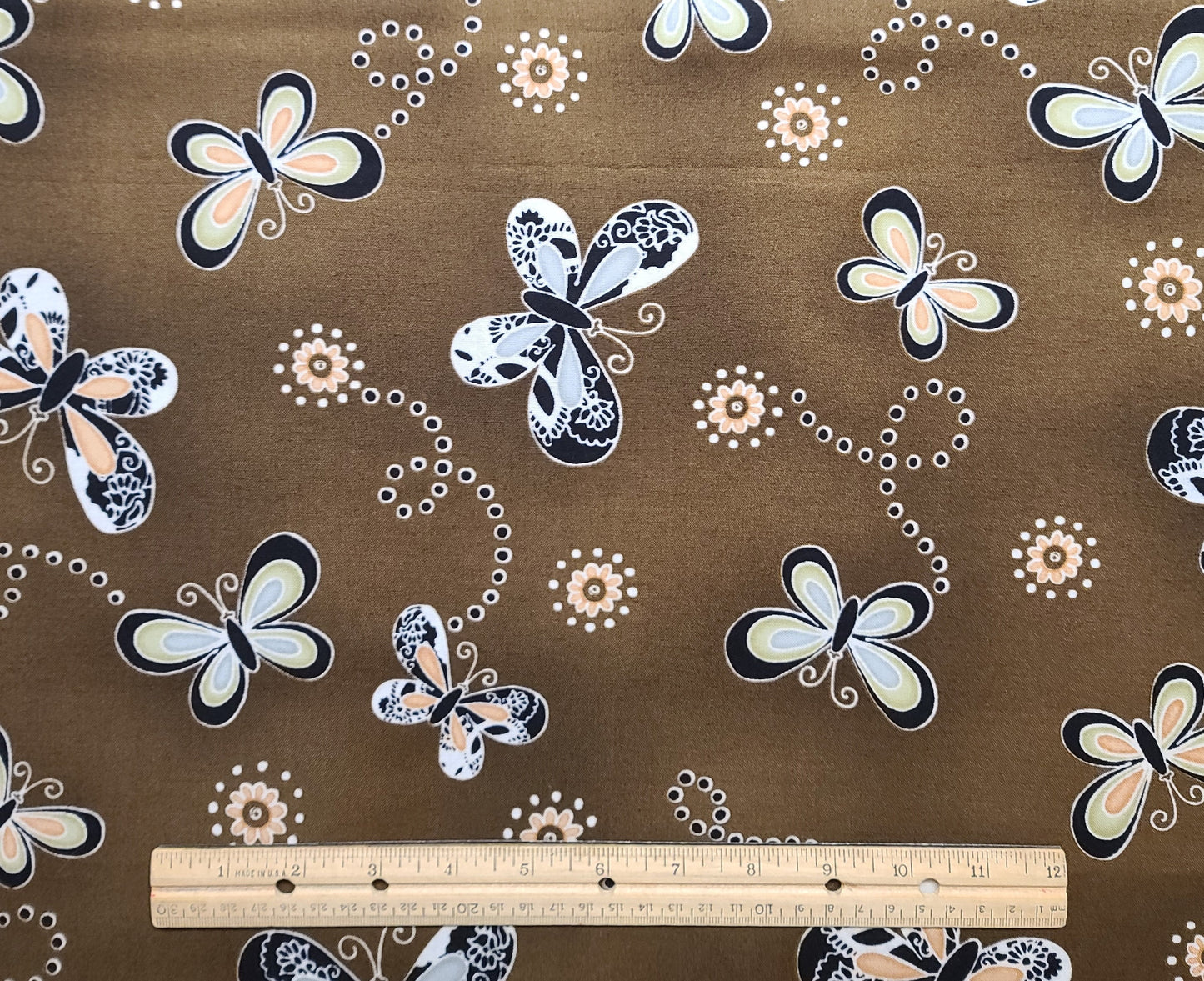 8013 Dandelion Daydream by Maywood - Brown Tonal Fabric / Black, White, Green, Gray Scattered Butterfly and Flower Print