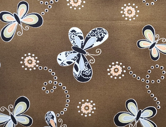 8013 Dandelion Daydream by Maywood - Brown Tonal Fabric / Black, White, Green, Gray Scattered Butterfly and Flower Print