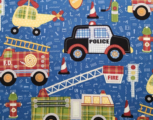 Rescue 911 2768 by Northcott - Medium Blue Fabric / Cartoon-Style 911 Vehicles / Police Car / Helicopter / Road Signs