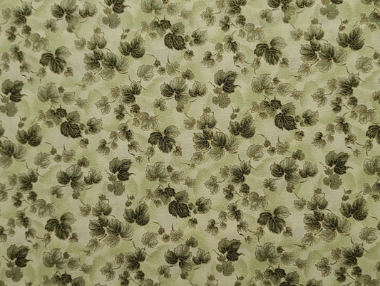 Robert Kaufman Imperial Fusions Screen Print D8825 Made in Japan - Pale Green Tonal Fabric/Dark Green Tonal Leaf Print/Gold Metallic Accent