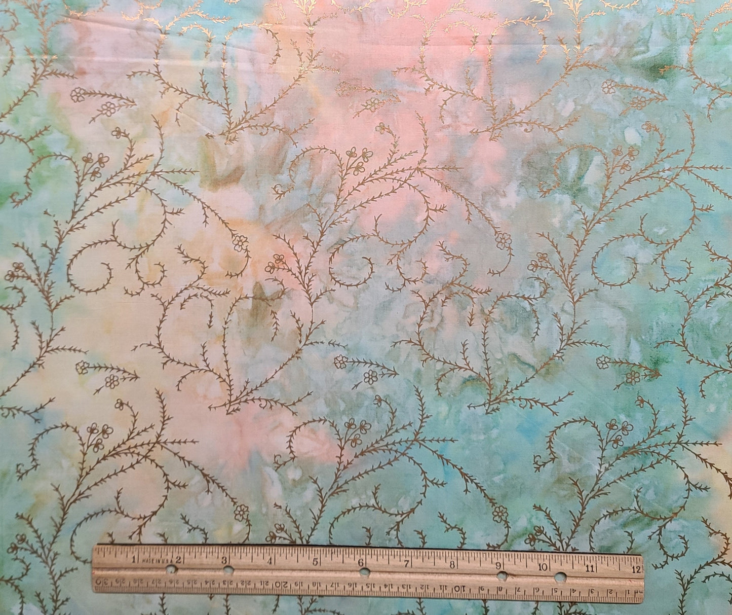 BATIK - Pastel Blue, Green, Yellow, Pink, Orange Tonal Fabric / Copper Foil Vine Tjap (Print Only on One Side)