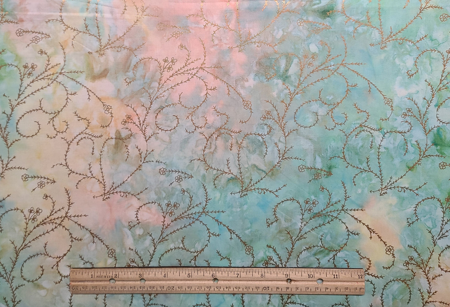 BATIK - Pastel Blue, Green, Yellow, Pink, Orange Tonal Fabric / Copper Foil Vine Tjap (Print Only on One Side)