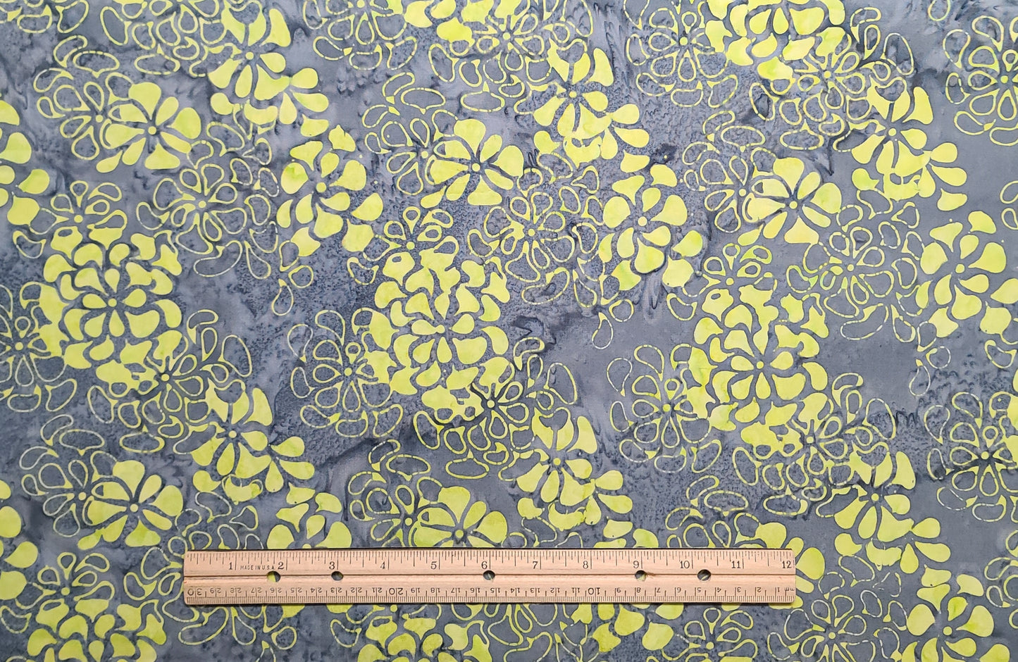 BATIK - Charcoal and Gray Tonal Fabric / Bright Chartreuse Flower Tjap