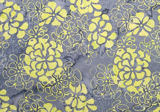 BATIK - Charcoal and Gray Tonal Fabric / Bright Chartreuse Flower Tjap