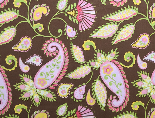 Candy Apple by Dena Designs 2010 Fabric Traditions - Dark Brown Fabric / Bright Pink, Yellow, Spring Green, White Paisley Flower, Leaf Print