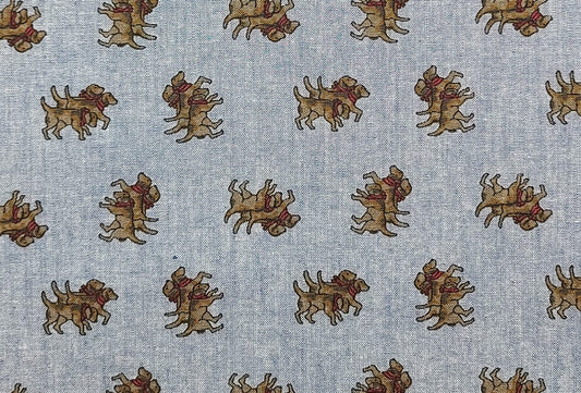 60" WIDE Fisher & Gentile Patt#2446 - Light Denim Blue Chambray Style Fabric / Brown Dog with Red Scarf Print