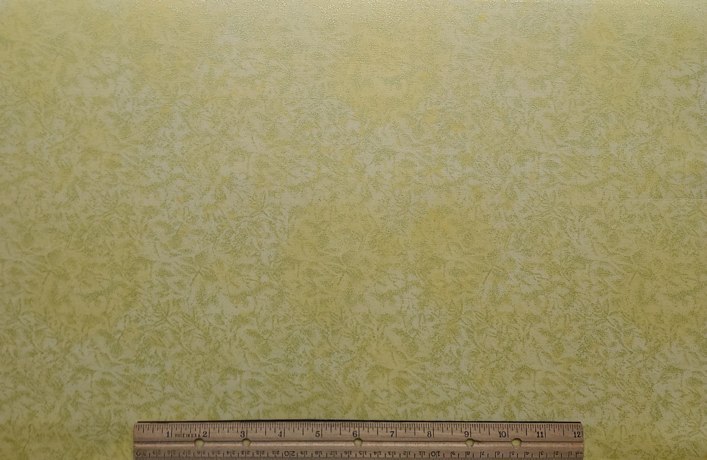 ME Hordyszynski D#CM376 Fairy Frost Michael Miller Fabrics - Yellow & Pale Yellow Tonal Fabric / Pale Green Foil Leaf Print / Allover Frost