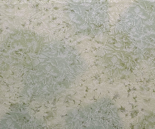 ME Hordyszynski D#CM376 Fairy Frost Michael Miller Fabrics - Pale Green Tonal Fabric / White Foil Leaf Print / Allover Frost