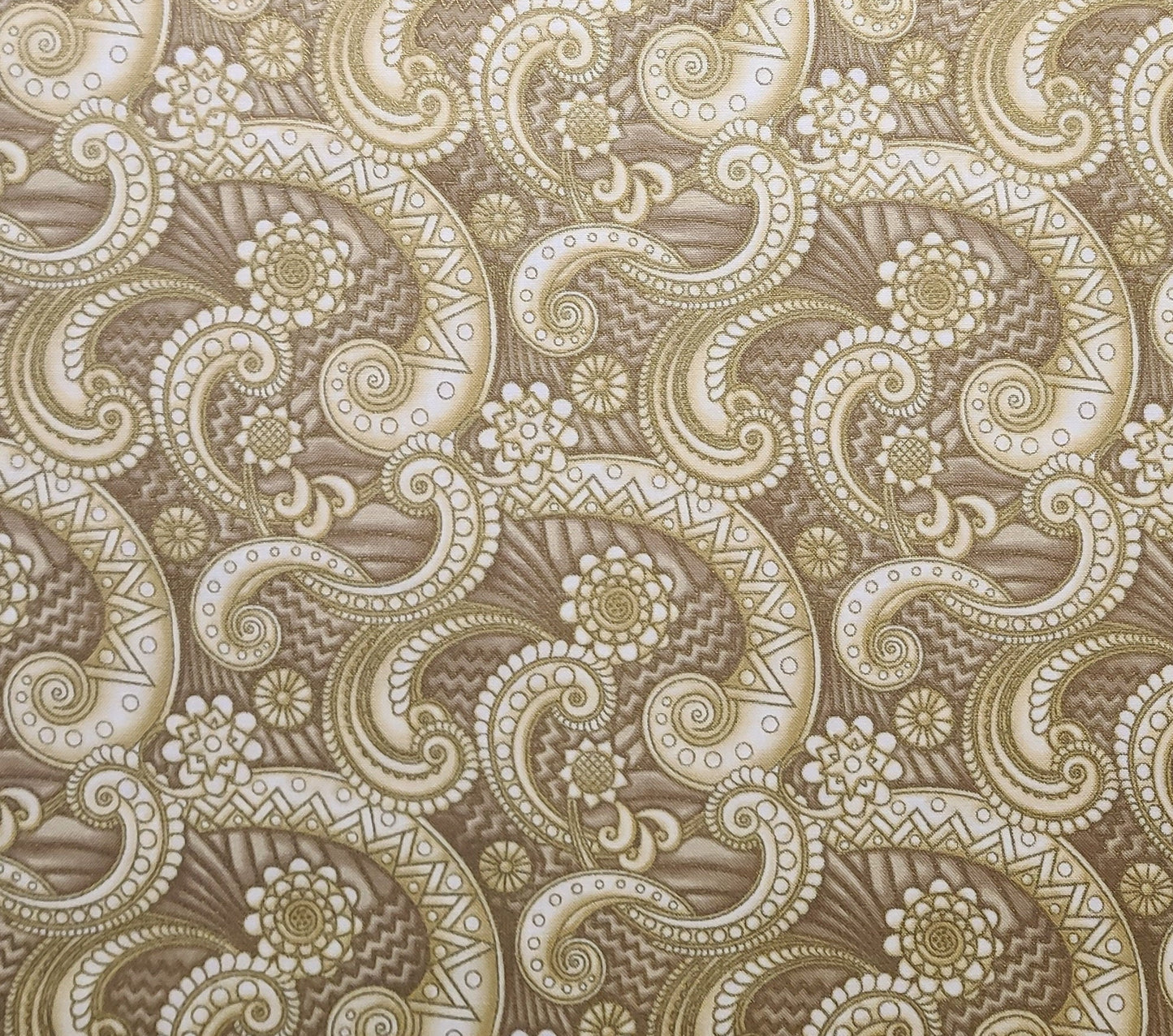 EOB - Peggy Toole Robert Kaufman Empress Bouquet D#8430 Made in Japan - Tan Tonal Fabric / White, Gold Paisley Print / Gold Metallic Accents