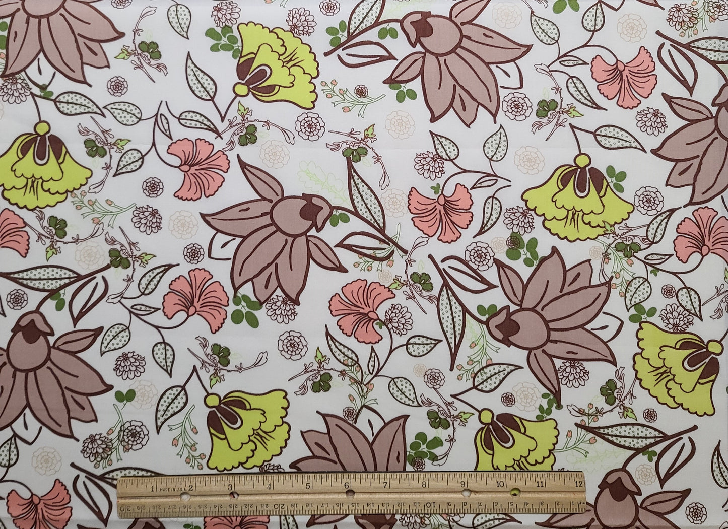 Botanica Collection Art Gallery Fabrics - White Fabric / Chartreuse, Coral, Brown Large Flower Print