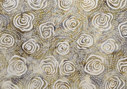 BATIK - Cream, Gold, Tan, Gray Tonal Patterned Fabric / Cream Rose and Dot Tjap