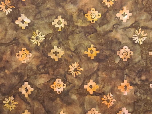 BATIK - Brown Tonal Fabric / Rust, Cream Southwest Style "Flower" Tjap