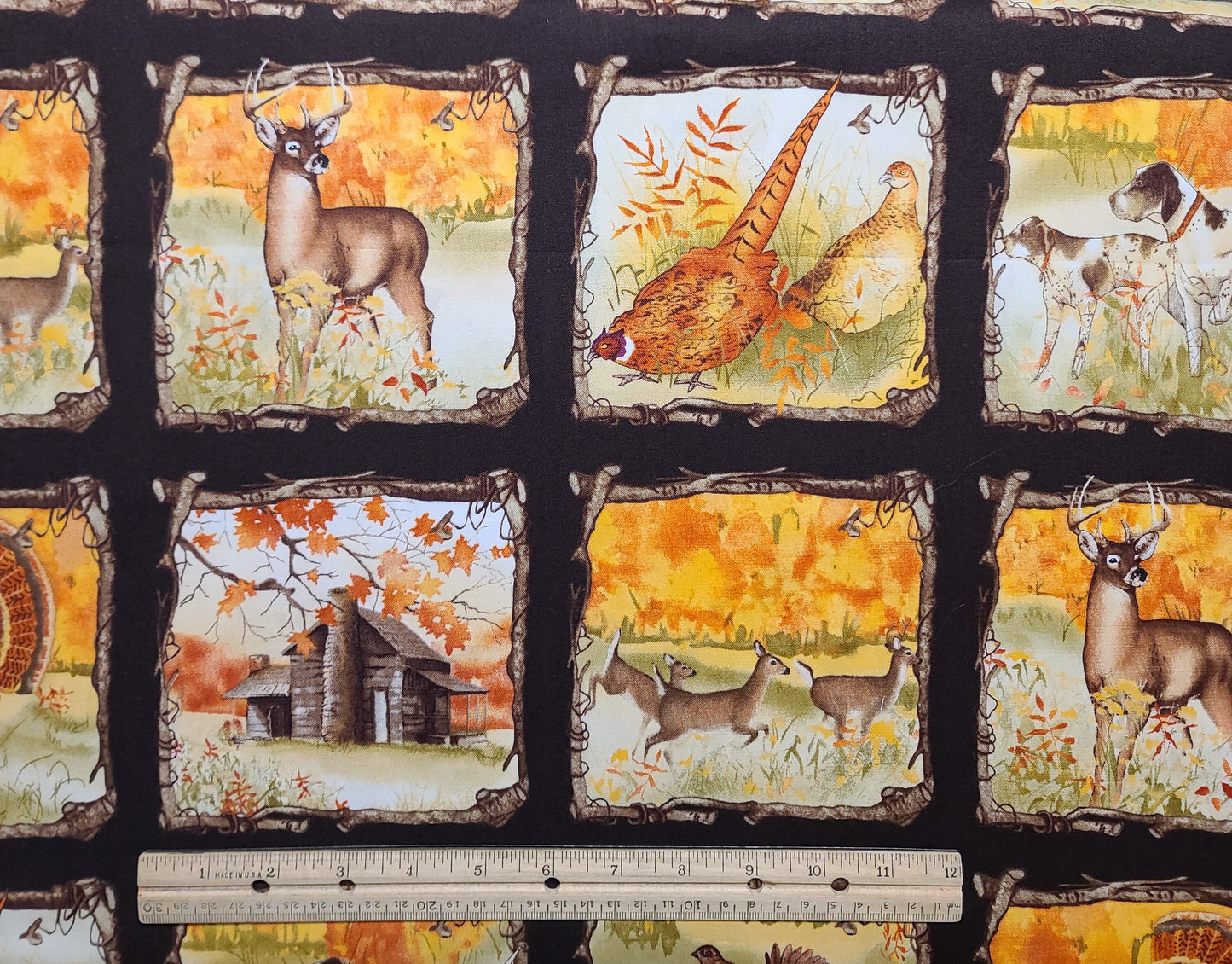 Country Fields by Edith Collections for Blue Hill Fabrics Patt#7360 - Wildlife Quilt Block Fabric / Birch Branch Frame / Dark Brown Sashing