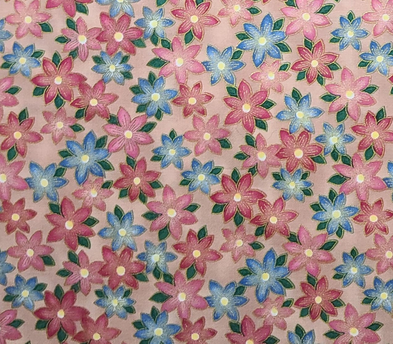 Jasmine by Maywood Studio EESCO - Dusky Pink Fabric / Blue Flower Print / Gold Metallic Accents