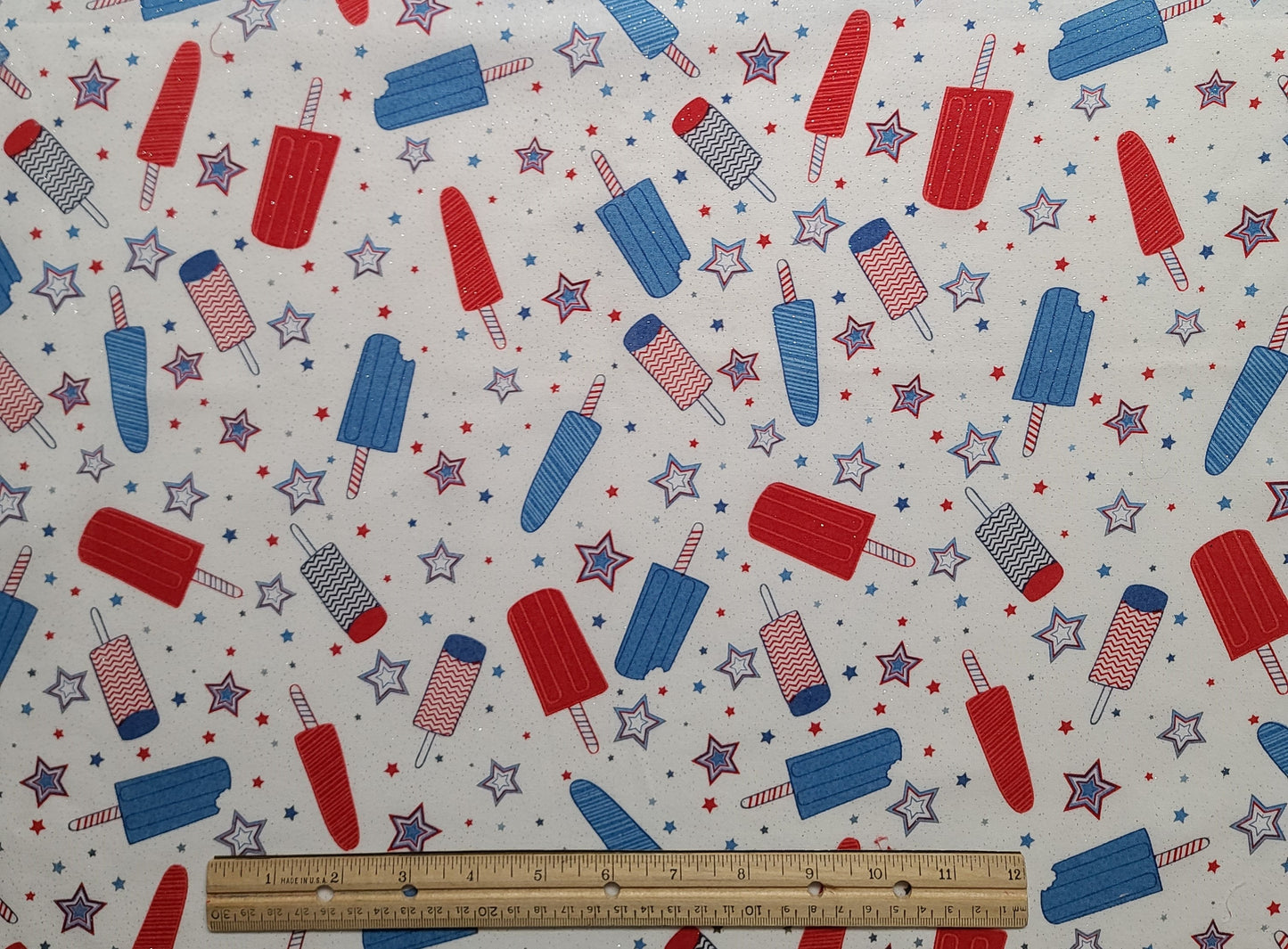 JoAnn Fabrics - White Fabric / Red, White, Blue Popsicle and Star Print / Silver Glitter