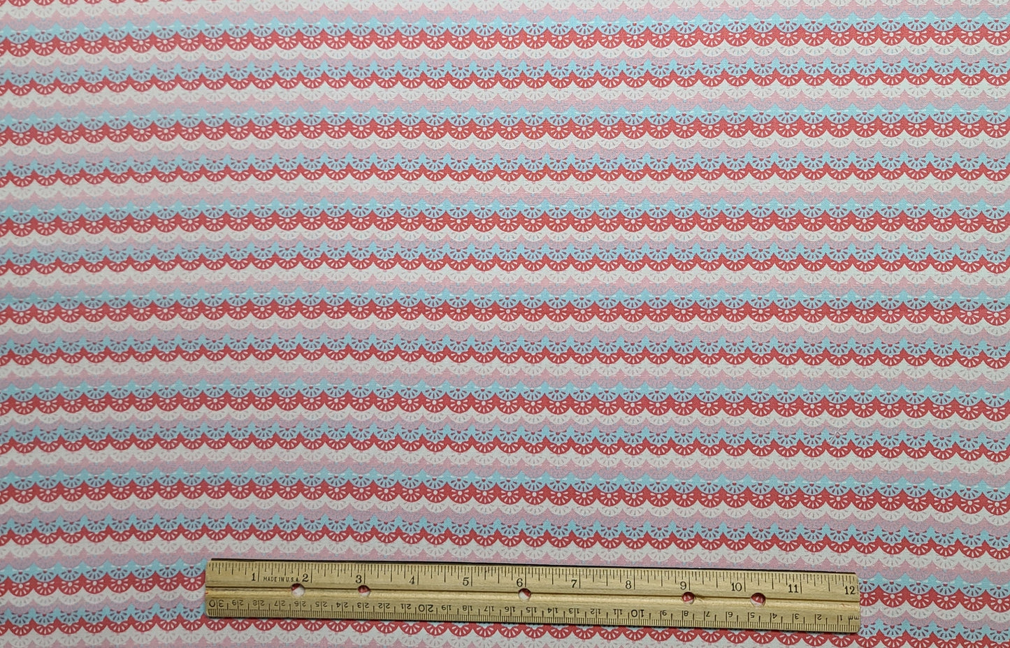 JoAnn Fabrics - Pink, White, Light Blue Lace Scallop Horizontal Stripe (Selvage to Selvage) Fabric