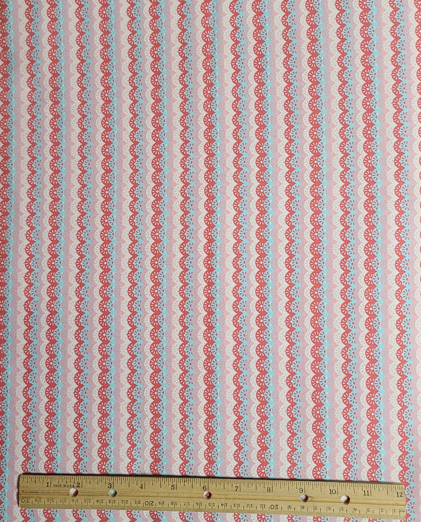 JoAnn Fabrics - Pink, White, Light Blue Lace Scallop Horizontal Stripe (Selvage to Selvage) Fabric