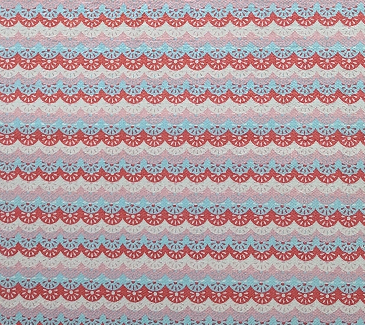 JoAnn Fabrics - Pink, White, Light Blue Lace Scallop Horizontal Stripe (Selvage to Selvage) Fabric