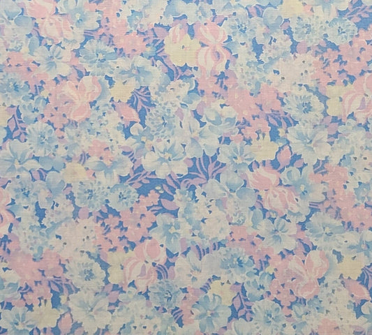 Cranston Print Works Schwartz Liebman TEX - Medium Blue Fabric / Pastel Pink, Yellow, Blue Flower Print