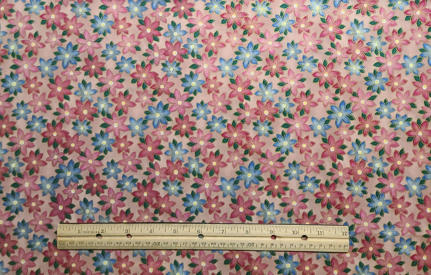 Jasmine by Maywood Studio EESCO - Dusky Pink Fabric / Blue Flower Print / Gold Metallic Accents