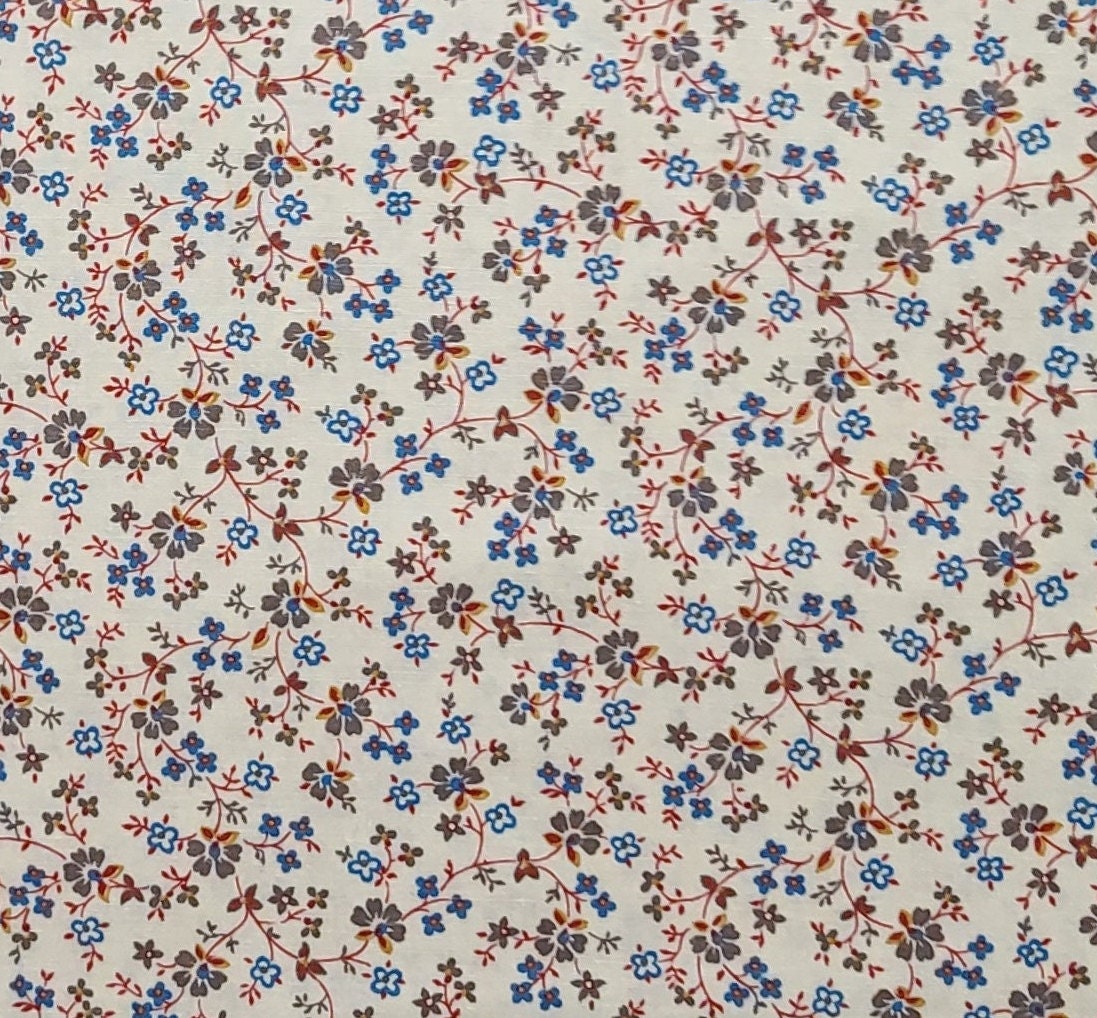 EOB - Joan Kessler for Concord Fabrics - Soft White Fabric / Red, Brown, Teal Flower Vine Print