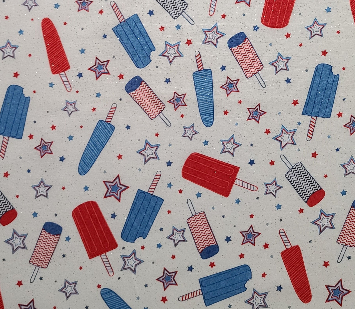 JoAnn Fabrics - White Fabric / Red, White, Blue Popsicle and Star Print / Silver Glitter