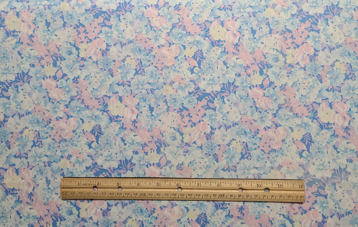 Cranston Print Works Schwartz Liebman TEX - Medium Blue Fabric / Pastel Pink, Yellow, Blue Flower Print