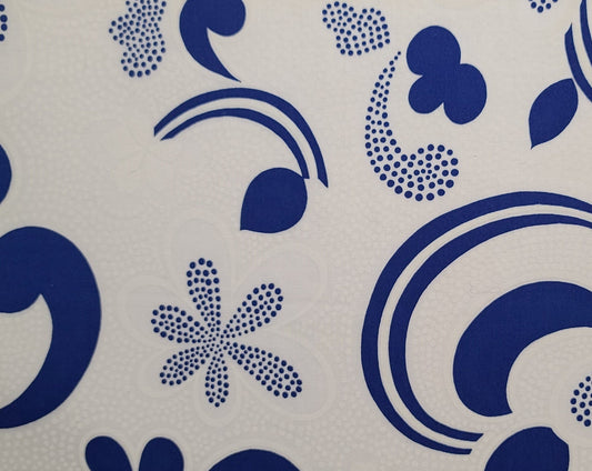 Vintage 36" WIDE White Fabric / White Dot and Flower Print / Dark Blue Dot and Flower Print