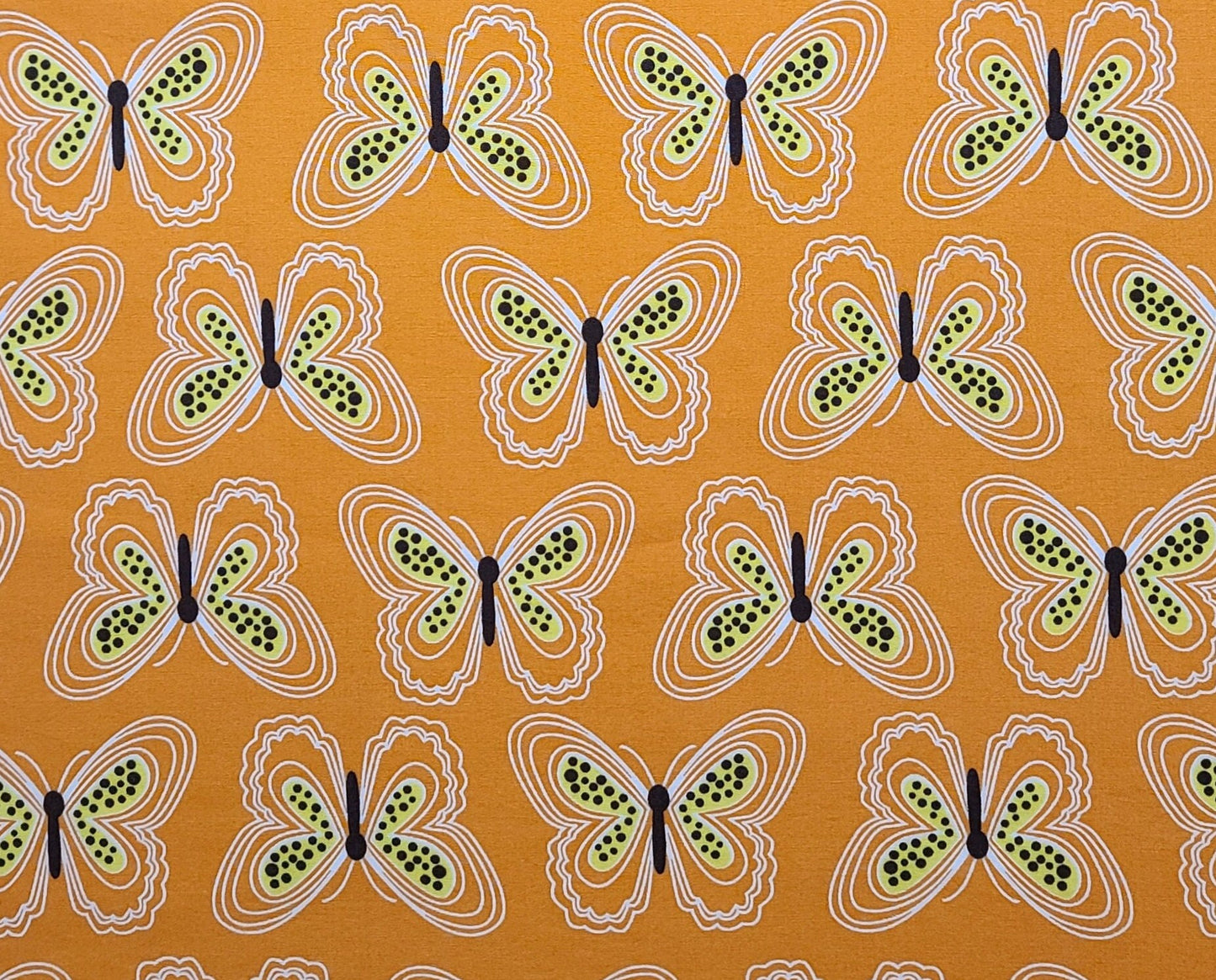 Petal Punch S#G3106 by Hoffman California International Fabrics - Bright Orange Fabric / Black, White, Yellow Butterfly Print