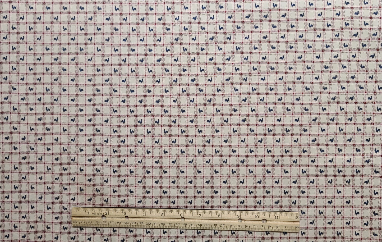 Marcus Brothers Textiles - Light Tan Fabric / Dark Red Windowpane Plaid / Dark Blue Rooster Print